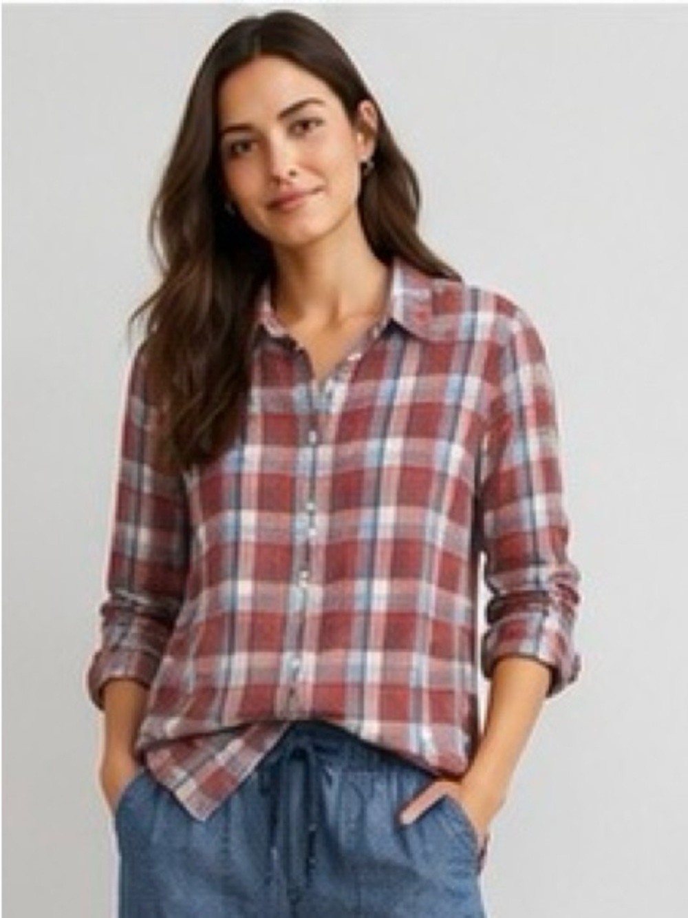 J.Crew Plaid Button-Front Shirt Size 00 Soft Cotton Blend Long Sleeve